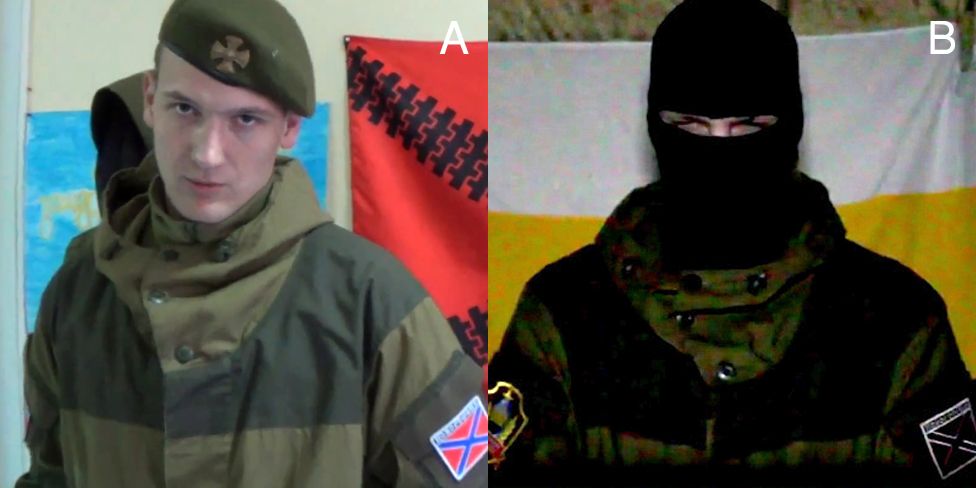 A: "Daliant Maksimus" wearing the "Gorka" uniform. B: "Kharkiv guerilla" in the same suit with a similar patch. Combined image: BBC Russian