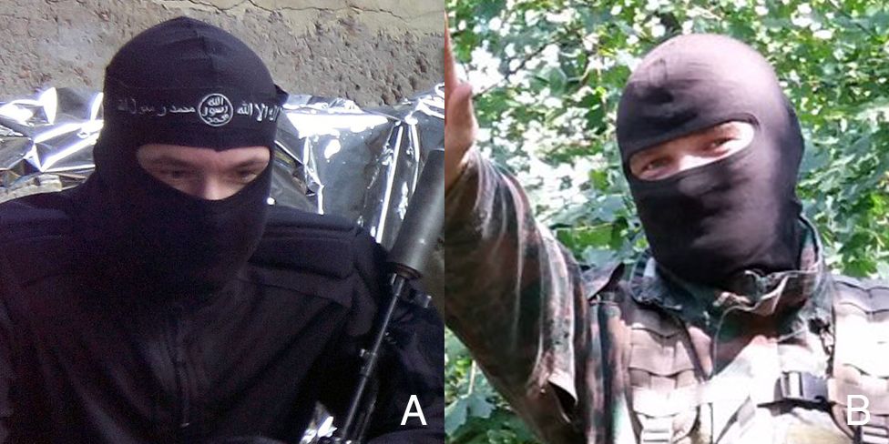 A: "ISIS fighter". B: "ROD" neo-Pagan having the same eyes. Combined image: BBC Russian