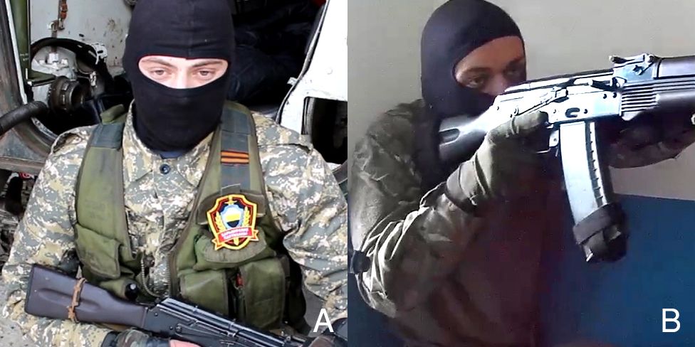 A: "Kharkiv guerilla". B: His ROD twin with the same AK-74. Combined image: BBC Russian