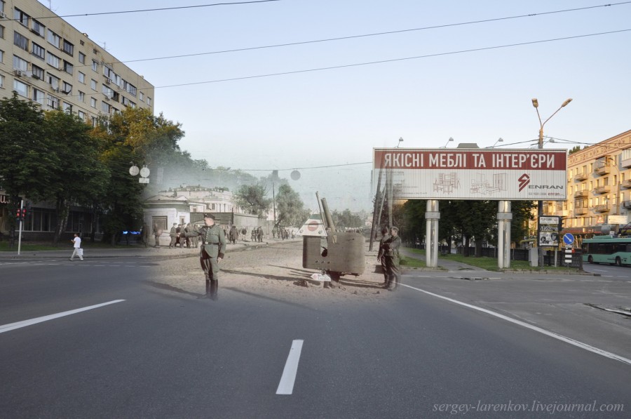 Kyiv 1941/2012. German traffic controller on Brest-Litovsk Highway (Now Prospekt Peremohy Avenue). Collage: Sergey Larenkov (Livejournal)