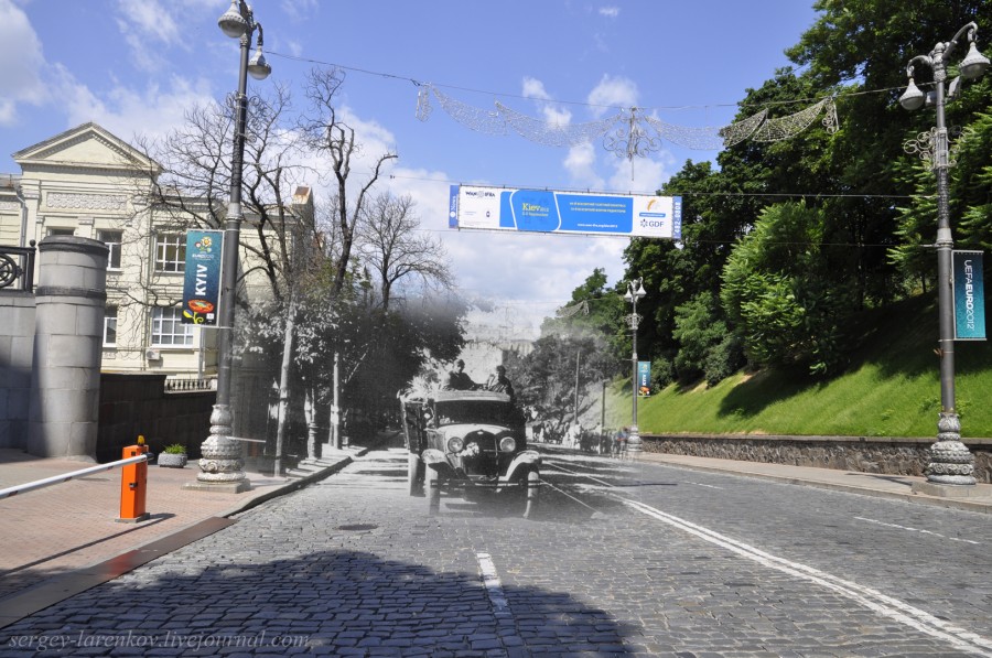 Kyiv 1941/2012 German units moving along Kirova Street (now Mykhaila Hrushevskoho Street). Collage: Sergey Larenkov (Livejournal)