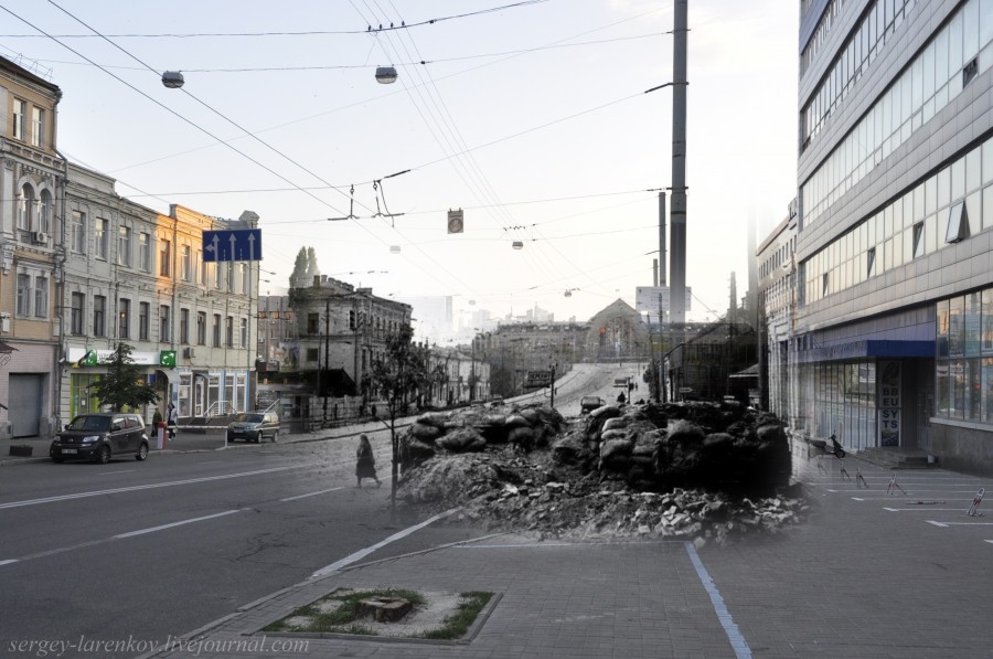 Kyiv 1941/2012. Barricade on Kominterna Street (nowadays Symon Petliura Street). Collage: Sergey Larenkov (Livejournal)