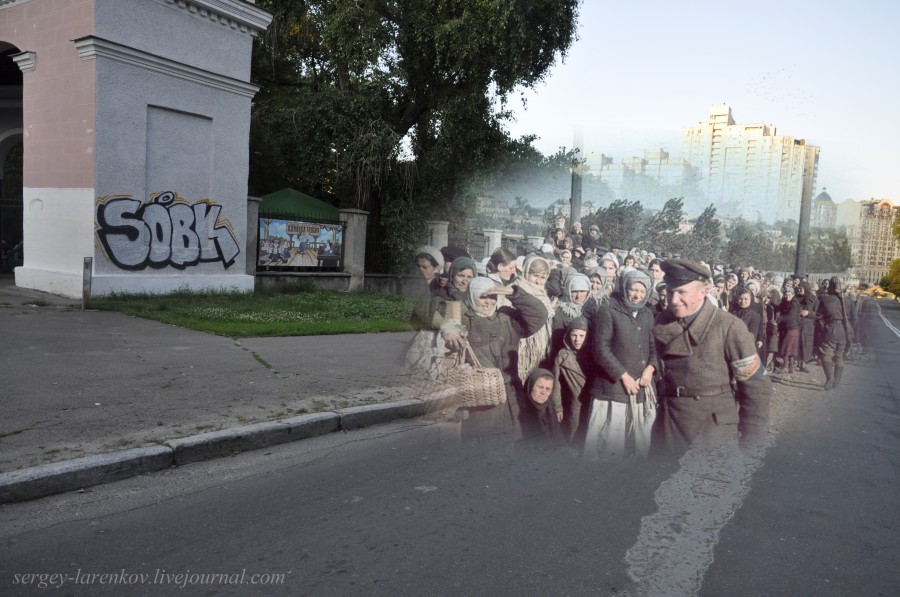 Kyiv 1941/2012. Zenit Stadium. Ukrainian collaborators near filtration camp for prisoners of war. Collage: Sergey Larenkov (Livejournal)