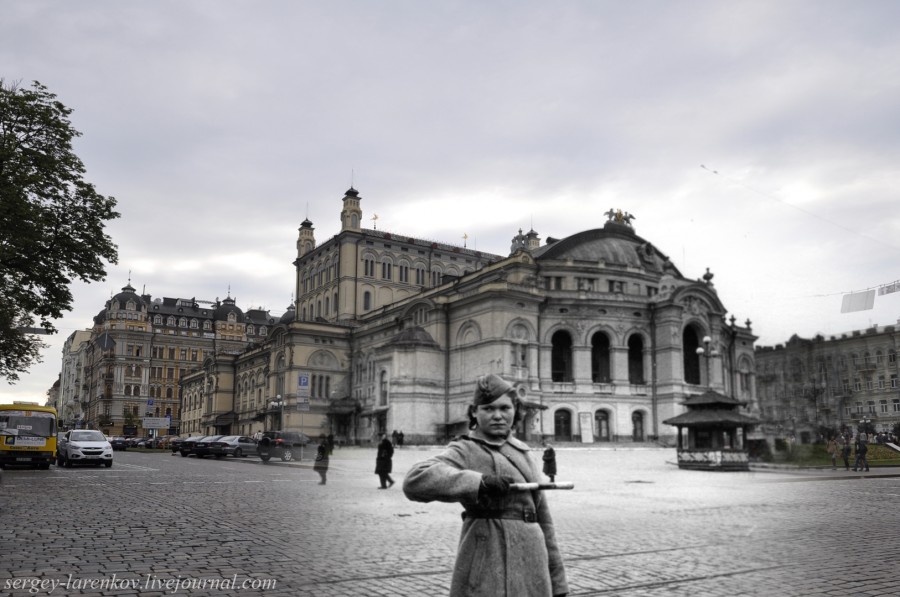 Kyiv 1943/2012. A Soviet traffic controller on Volodymyrska Street. Collage: Sergey Larenkov (Livejournal)