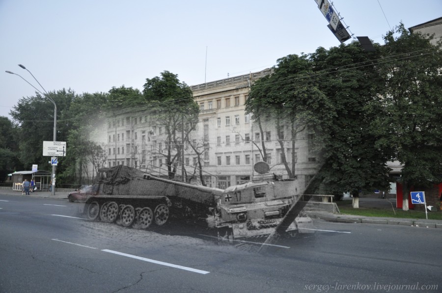 Kyiv 1943/2012. A downed German armor vehicle on Brest-Lytovsk Highway (now Prospekt Peremohy Avenue). Collage: Sergey Larenkov (Livejournal)