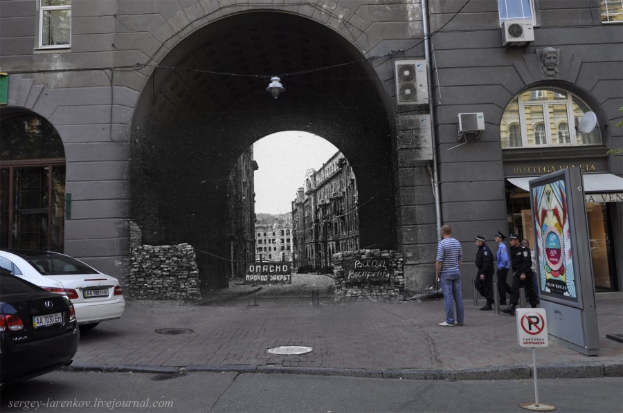 Kyiv 1944/2012. The Big Passage destroyed. Collage: Sergey Larenkov (Livejournal)