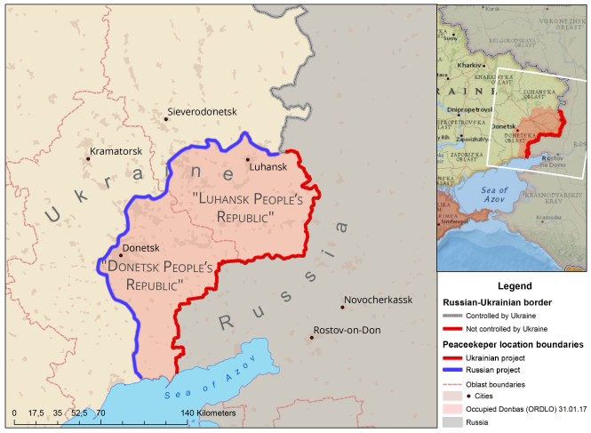 The occupied part of the Donbas region in Eastern Ukraine. Ukraine proposes to deploy UN peacekeepers throughout the entire territory, including the uncontrolled stretch of the state border (up to the red line), while Russia wants them deployed only along the Minsk-2 'line of contact' (the blue line on the map) to preserve the full Russian control of the region. Map: Euromaidan Press