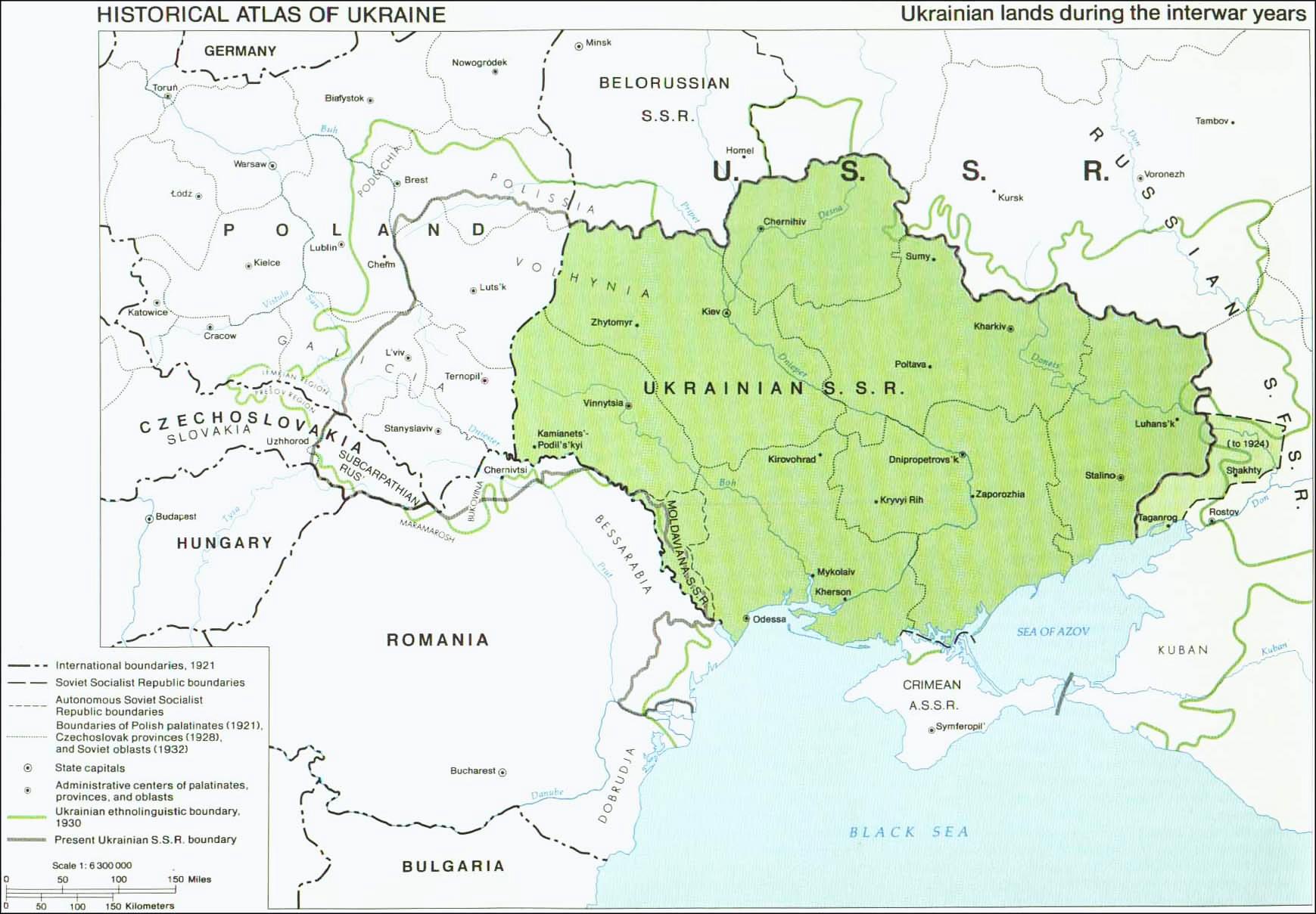 Ukrainian lands during 1922-1938. Volyn and Galicia become part of Poland. Photo: "Ukraine: A Historical Atlas by Paul Robert Magocsi (1987)", courtesy of Toronto Press, University of Toronto.