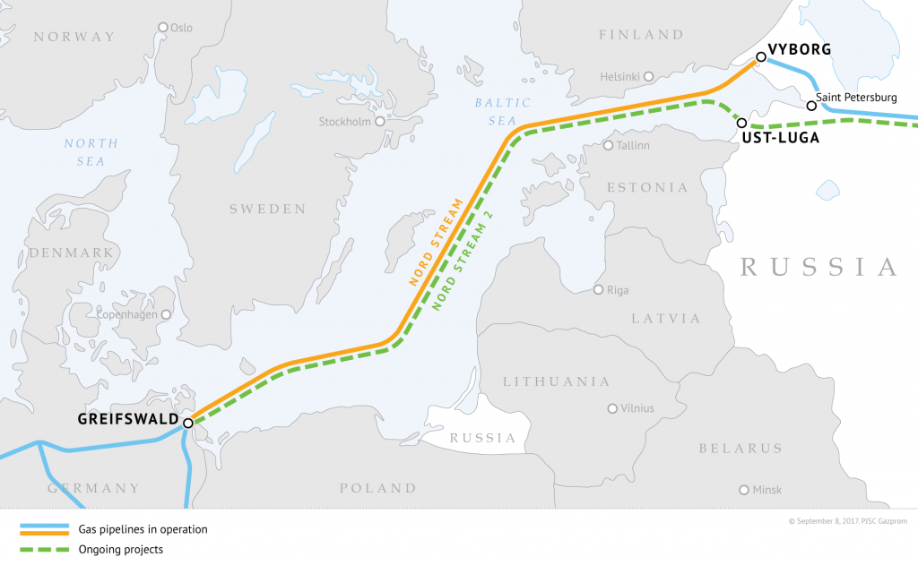 Russian gas pipelines Nord Stream (Nord Stream 1) and Nord Stream 2 (under construction). Image: gazprom.com