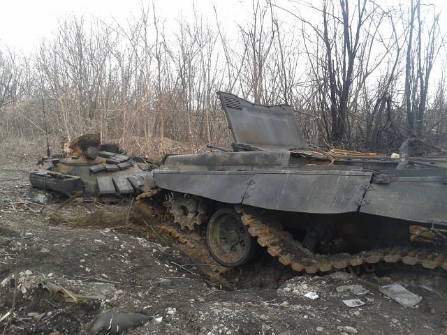Remains of a Russian tank T-72 of the latest modification B3, which is possessed only by the Russian regular army, destroyed by Ukrainian artillery fire during a Russian attack near Debaltseve, Ukraine in March 2015. Image: censor.net.ua
