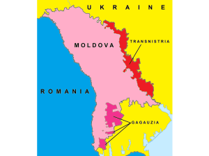 Map of Moldova showing the zones of a frozen military conflict with Russia in Transnistria/Transdniestria and a resolved conflict in Gagauzia.