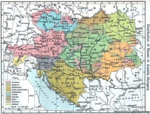 Ethnographic map of the Austro-Hungarian Empire from the American atlas of 1911. Ukrainians are designated as Ruthenians, the light-green part of the map
