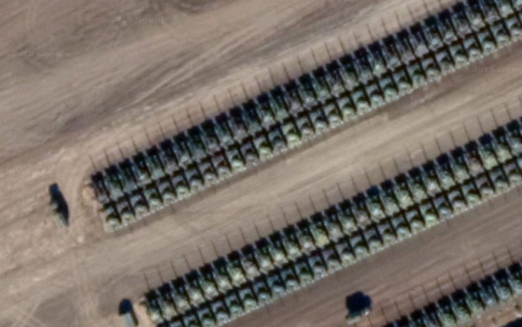 Hundreds of Russian tanks assembled 18km from the Ukrainian border (Image: Google Earth via defense-blog.com)