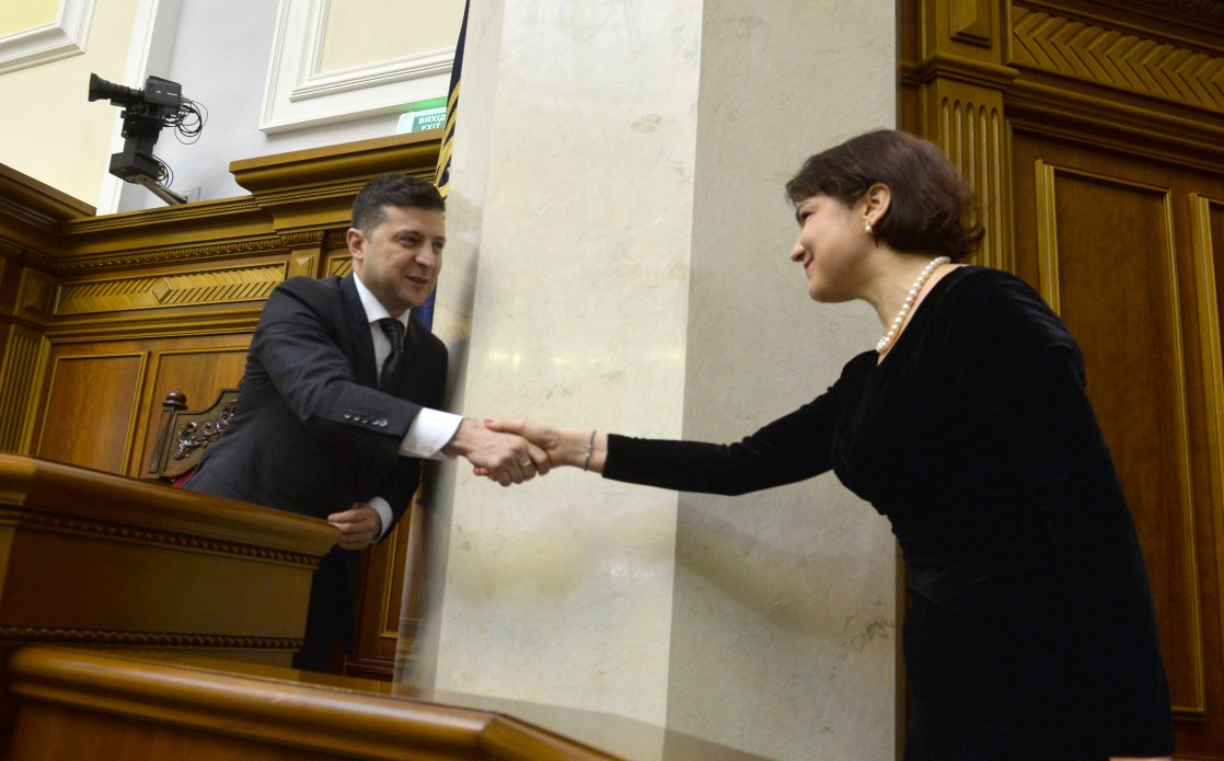 President Zelenskyy shakes hands with Iryna Venediktova, newly appointed Prosecutor General. Photo: president.gov.ua