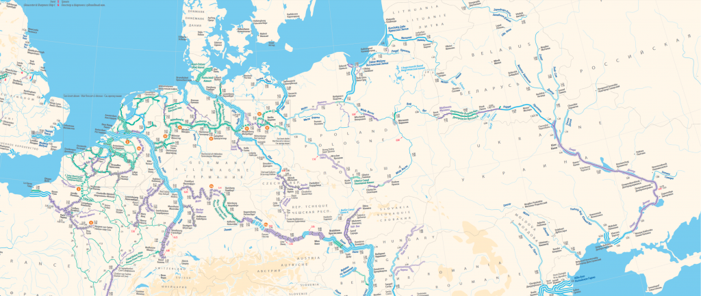 Excerpt of the map of the pan-European inland waterway network showing how the E40 waterway between the Baltic and the Black Seas in addition to its main economic benefits for global transportation is to integrate Belarus and Ukraine water transport networks with the EU (Source: UNECE.org)