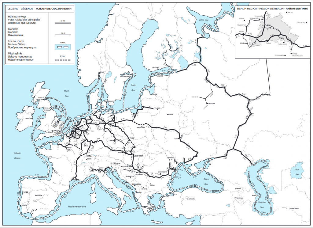The map of the pan-European inland waterway network. The E40 waterway between the Baltic and the Black Seas is to connect Belarus and Ukraine with countries of the European Union (Source: UNECE.org)
