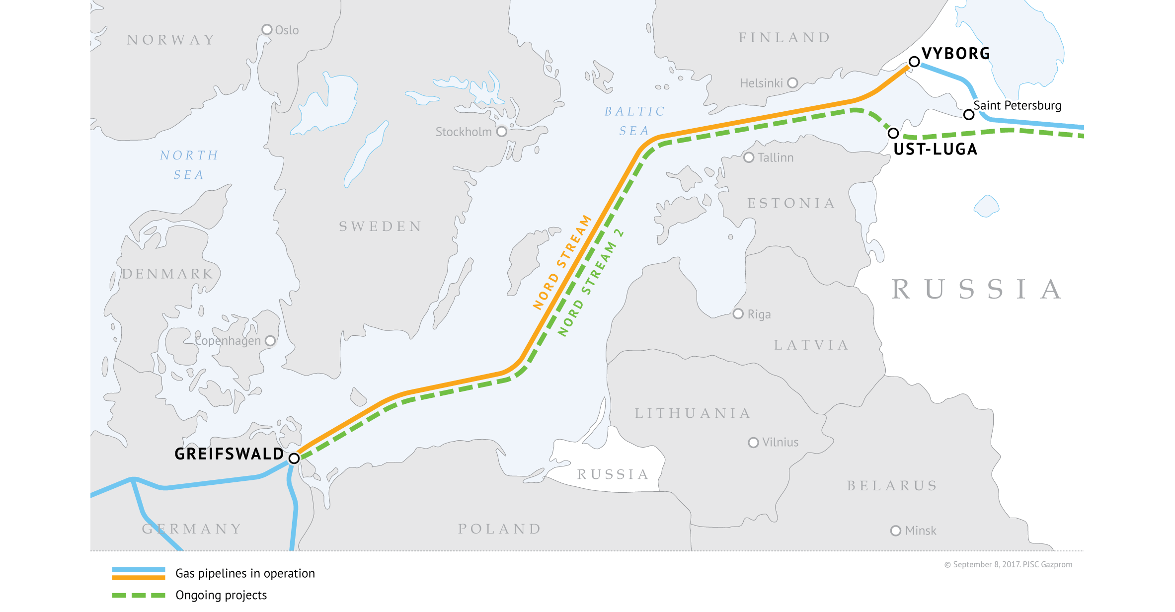 Russian gas pipelines Nord Stream (Nord Stream 1) and Nord Stream 2 (under construction). Image: gazprom.com