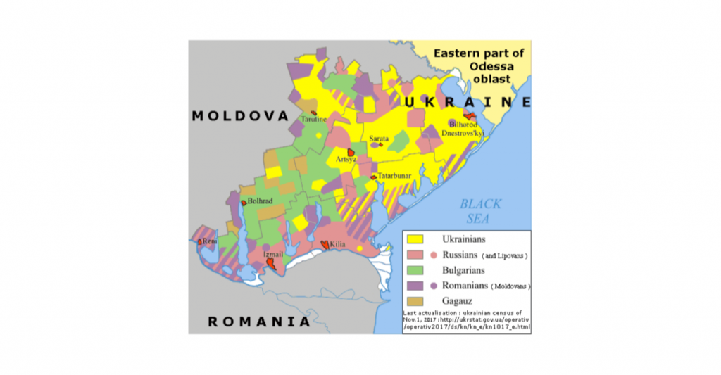 Language map of the western part of the Odesa Oblast (province) of Ukraine (Source: Wikipedia)