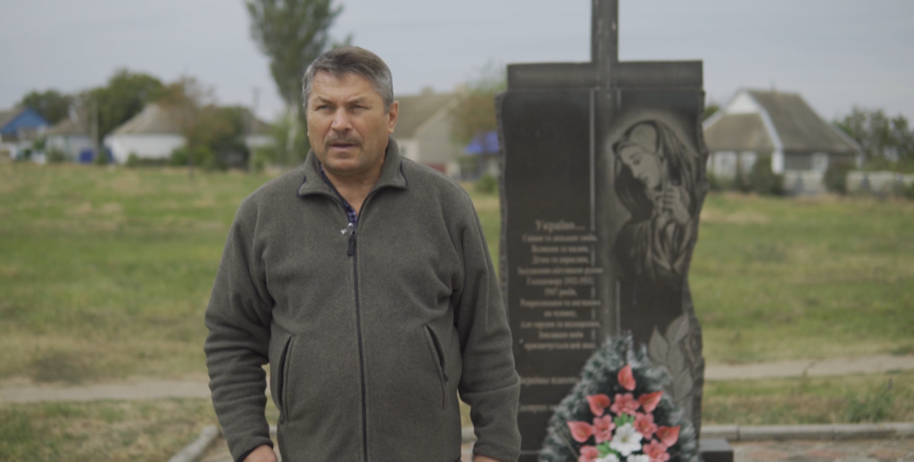 Local historian Mykola Marchenko near the mass grave of the Holodomor victims in Velyka Lepetykha village