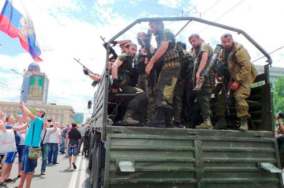 One of Ramzan Kadyrov's military units from Chechnya sent to fight for Putin in his hybrid war against Ukraine in the Donbas. Russia-occupied Donetsk, Ukraine, 2014