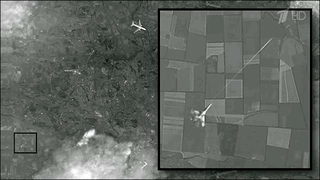 Foto: Das Bild, von dem das russische Staatsfernsehen behauptet, es sei der Beweis, dass MH17 von einem ukrainischen Kampfjet abgeschossen worden sei. Screenshot von 1tv.ru
