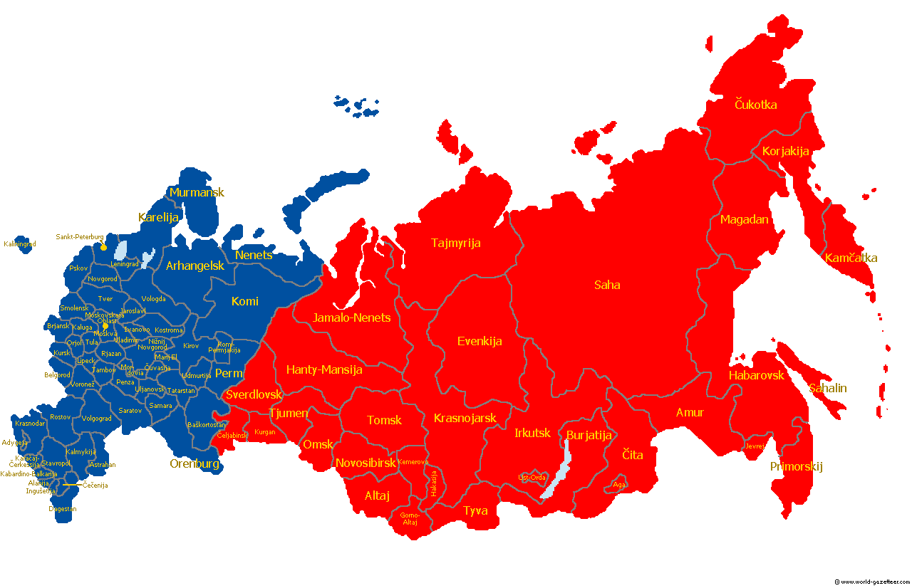 Map of Russia in Europe and Asia