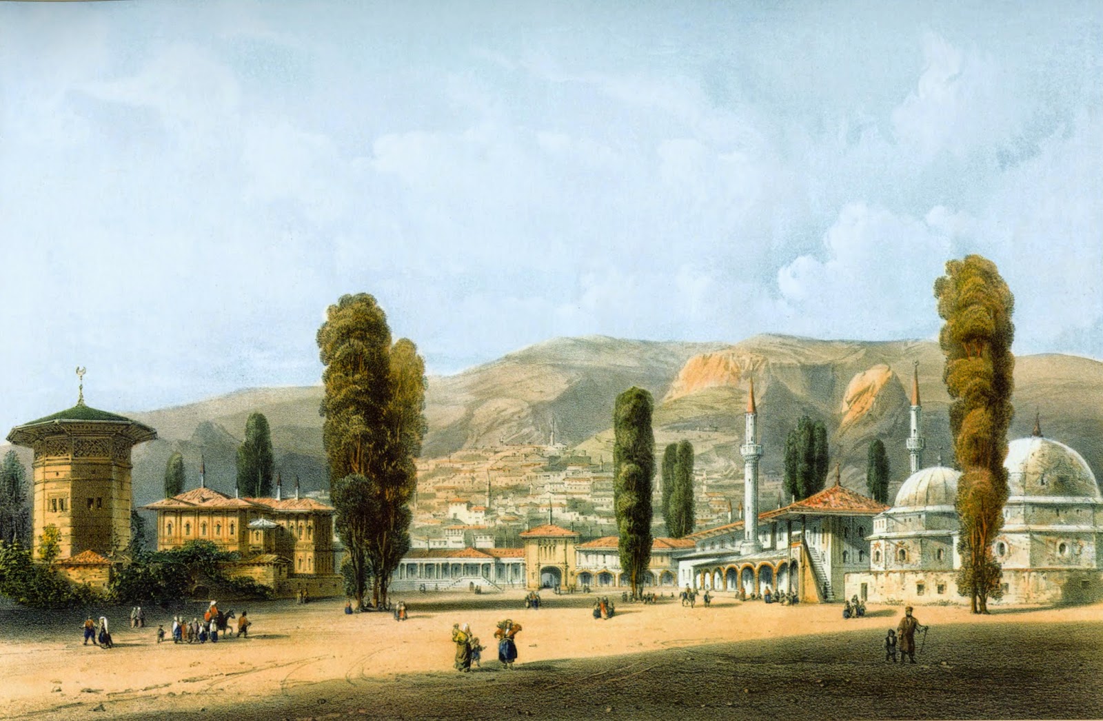 The Palace of the Crimean Khan in Bakhchysarai, Crimea, a lithograph from the collection by Carlo Bossoli, 1843.