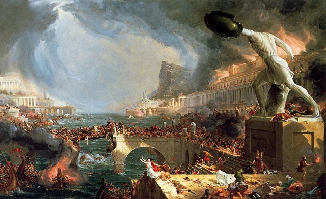 “Destruction”, the forth painting in a five-part series of paintings entitled “The Course of Empire”, created by Thomas Cole in the years 1833-36. Image credit: Wikimedia Commons.