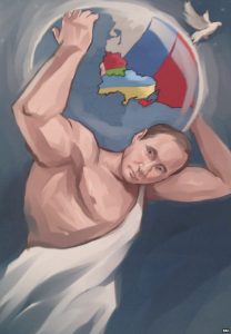 Another portrait of Putin. The globe has the Crimea painted in the colors of Russia (Image: bbc.com)