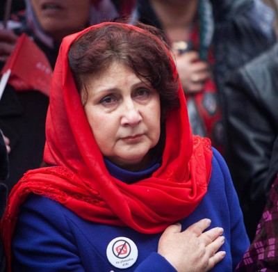 The pin on the chest of the protester says: "Don't Kill ATR!" at the protest against the shuttering of Crimean media outlets by the Kremlin, March 2015