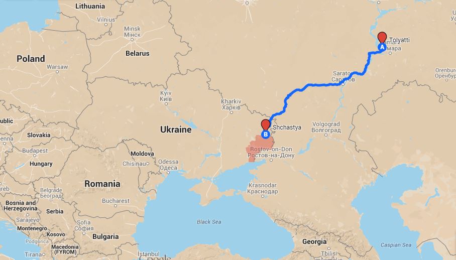 The route from Tolyatti to Shchastia. The territory under control of Russian/separatist forces is in red
