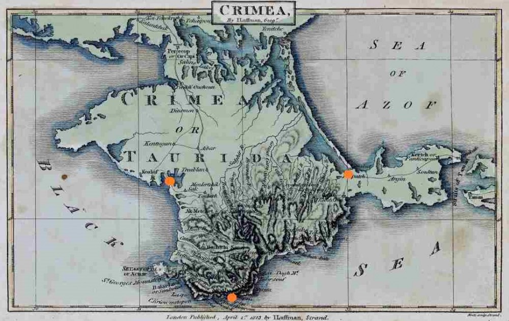 Red dots on the Crimea map show the locations where families of Inci Bowman's grandparents lived (Image: Inci Bowman, iccrimea.org)