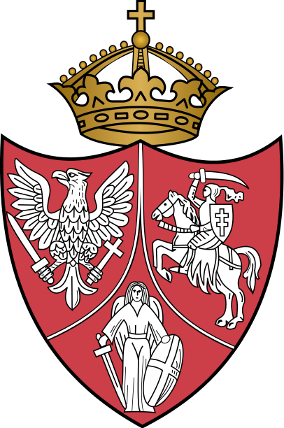January Uprising's coat of arms, of a proposed Polish–Lithuanian–Ruthenian Commonwealth: White Eagle (Poland), Vytis (Lithuania) and Archangel Michael (Ruthenia, Ukraine)