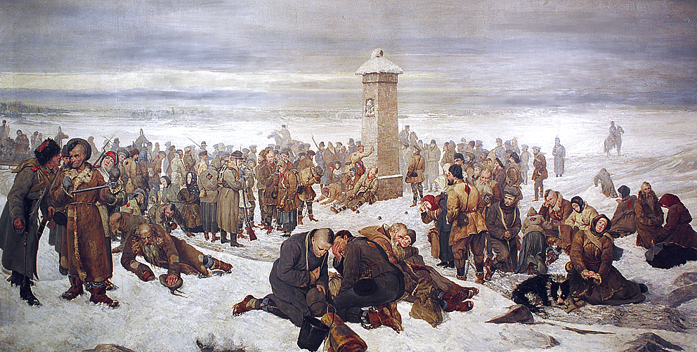 Farewell to Europe, by Aleksander A Sochaczewski. The painting depicts participants of the January 1863 Uprising on their forced march to serve their sentences in Siberia. The obelisk marks the geographic border line between Europe and Asia. The artist himself is among the exiled here, near the obelisk, on the right. (Image: Wikipedia)
