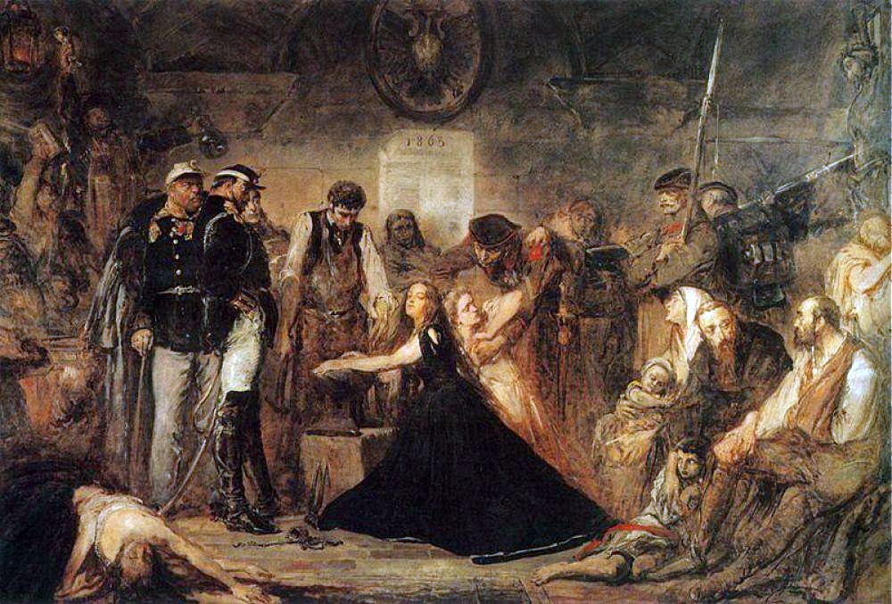 "Polonia (Poland), 1863", by Jan Matejko, 1864, National Museum in Kraków, Poland. Pictured is the aftermath of the failed January 1863 Uprising. Captives await transportation to Siberia. Russian officers and soldiers supervise a blacksmith placing shackles on a woman (Polonia). The blonde girl next to her represents Lithuania. (Image: Wikimedia)