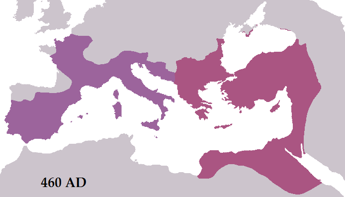 The Roman Empire during the reigns of Leo I (east) and Majorian (west) in 460 AD. Roman rule in the west would last less than two more decades, whereas the territory of the east would remain static until the reconquests of Justinian I. Image: Wikipedia