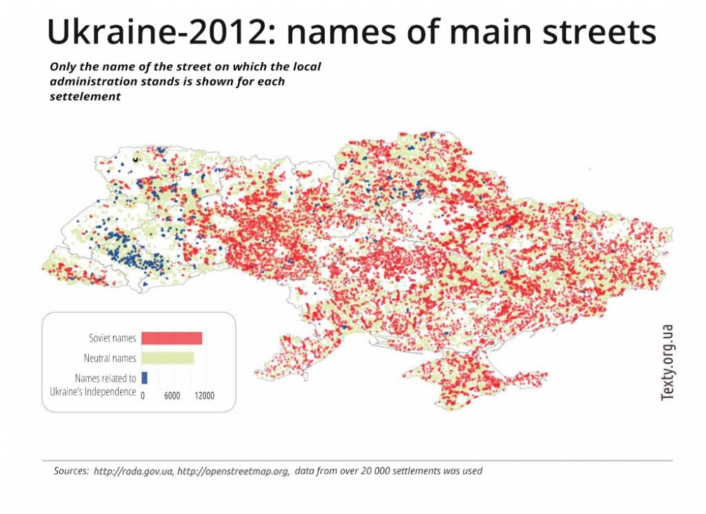 Communist and Ukrainian names of the central streets of Ukrainian settlements - graphics by texty.org.ua, translated by Euromaidan Press