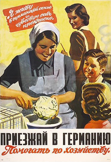 A Nazi propaganda poster presenting a misleading image of Ostarbeiter life. The poster quotes the depicted woman as “feeling well.” According to Niizkor, 4 Million “Russians” acted as slave labour in Nazi Germany, however that statistic is misleading as during the war Ukrainians were often depicted as being Russian and in fact it was Ukrainians that made up the overwhelming majority of that number. After the war many who had been forced to become Ostarbeiters found themselves in Stalin’s Gulags having been condemned as “traitors” to the Soviet state.