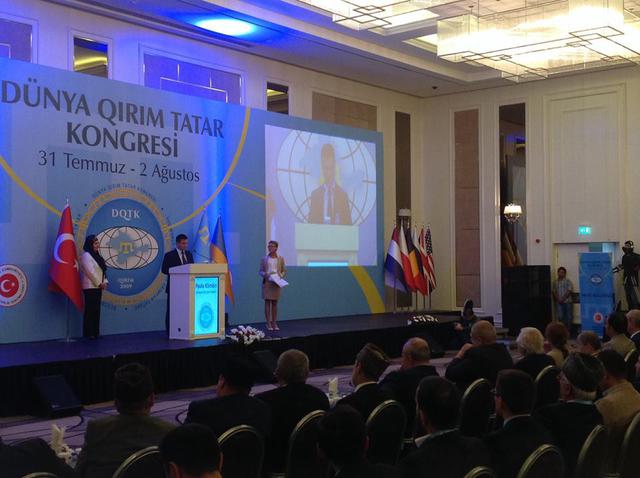 Ukrainian Foreign Minister Pavlo Klimkin speaking at the Second World Congress of Crimean Tatars in Ankara, Turkey. August 2015