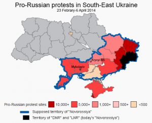 Pro-Russian protests in the aftermath of Euromaidan (Source). The map shows what regions Russia intended to split off of Ukraine to form the client state of Novorossiya. ~