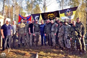 Aleksandr Boroday (center, in blue t-shirt), one of the organizers and and a former top official of the Russian occupation of the eastern Ukraine, visited the mercenary training camp in Chernogolovka and took numerous photographs with its participants. Moscow oblast, Russia, September 2015 (Image: ENOT Corp)