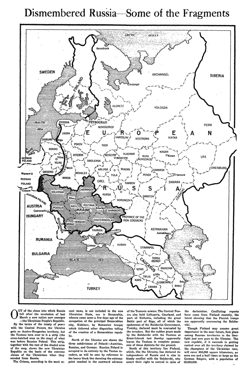 February 1918 article from The New York Times showing a map of the Russian Imperial territories claimed by Ukraine People's Republic at the time, before the annexation of the Austro-Hungarian lands of the West Ukrainian People's Republic. Source: http://nyti.ms/1Osuvr3