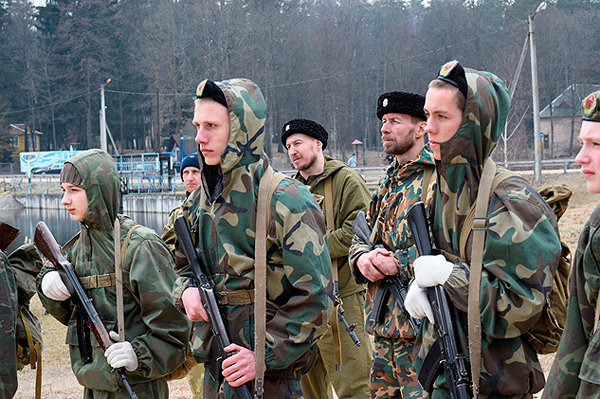 Belarusian boys receiving military training at a Russian "military-patriotic camp" in the territory of Russian Orthodox churches in Belarus (Image: Nasha Niva)