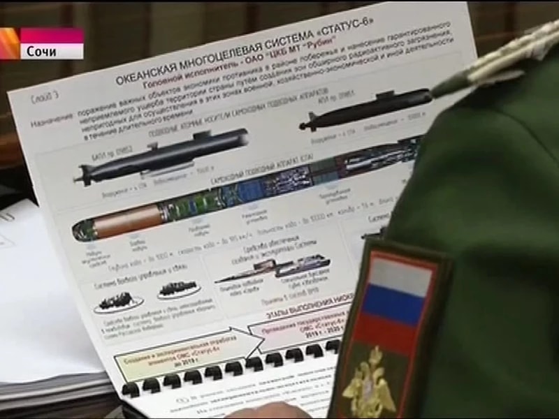 A screen capture from Russian NTV channel broadcast showing a sheet with information about the Status-6 nuclear drone submarine, which is a weapon with roots in Soviet times, but that could be used to cover a coastal area with radioactive debris and make it uninhabitable, according to the report. (Image: Delovaya Stolitsa)