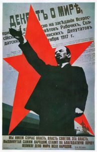 This old Soviet poster with Lenin has the Bolshevik's "The Decree on Peace" as the background