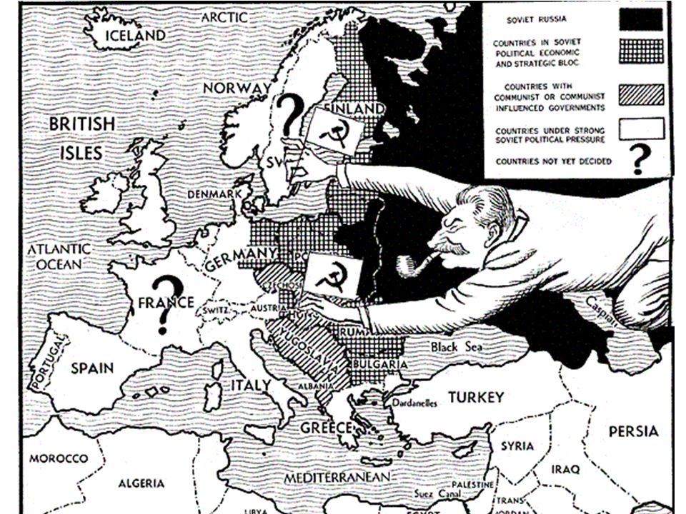 The old political cartoon depicts the Soviet takeover of the Eastern Europe accomplished as the result of the Yalta Conference between the heads of government of the United States, the United Kingdom and the Soviet Union, represented by President Franklin D. Roosevelt, Prime Minister Winston Churchill and Premier Joseph Stalin, respectively. The conference was to discuss Europe's post-war reorganization. It convened at the Livadia Palace in Yalta, Crimea, USSR in February 1945, near the end of the WW2.