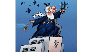 Political cartoon: Patriarch Kirill and Putin (horiz)
