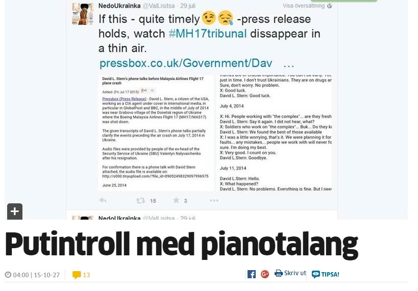 Norrköpings Tidningar article entitled "Putin's troll with piano talent", October 2015
