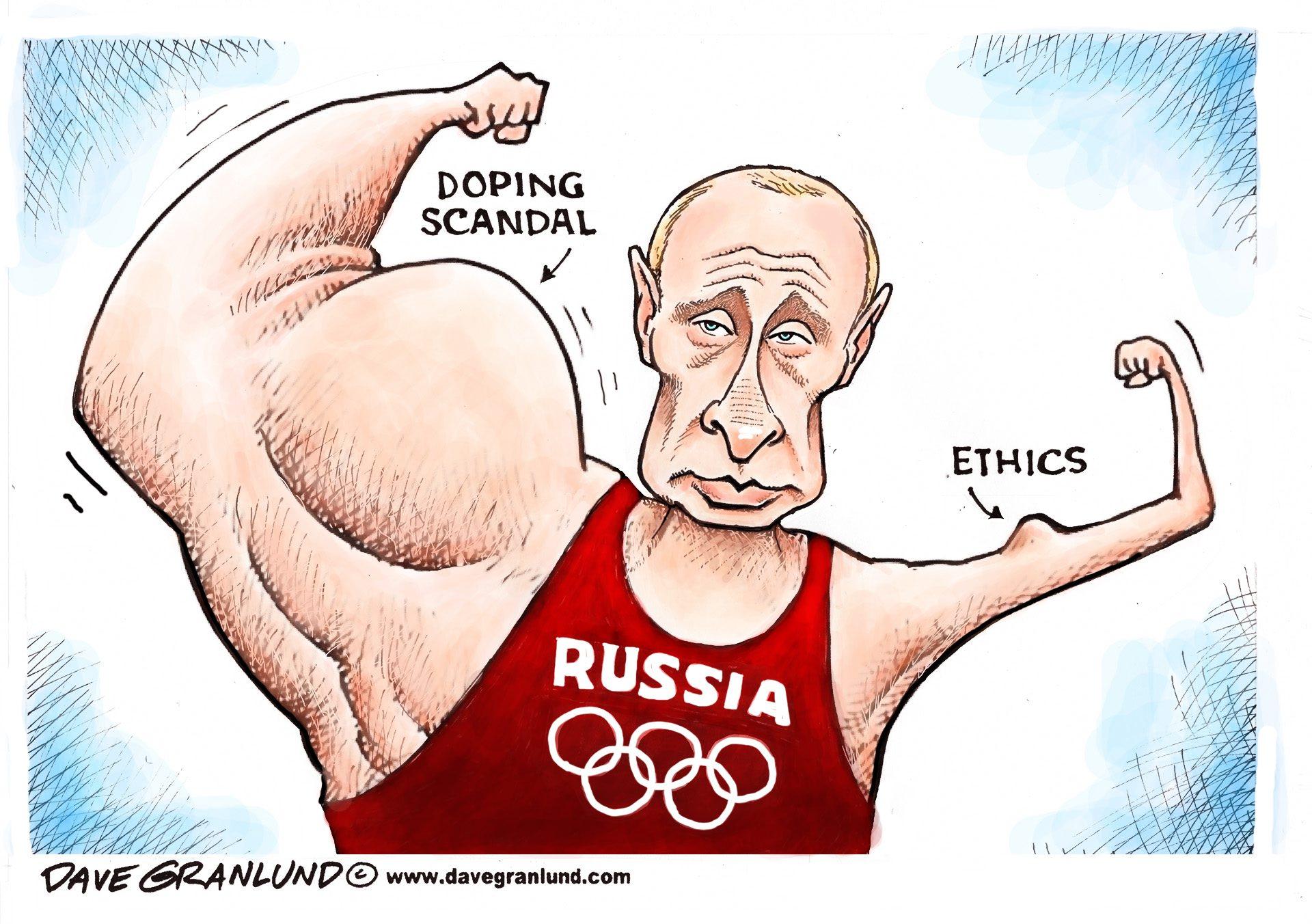 Political cartoon: Russian doping scandal. Putin's ethics.