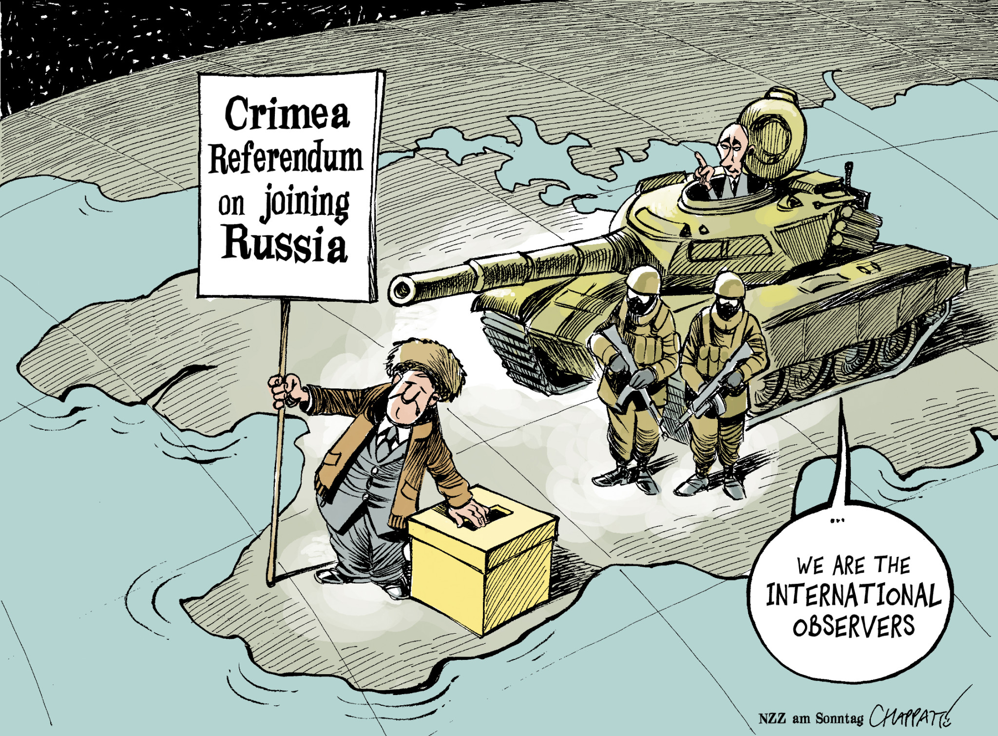 Political cartoon: 2014 Crimean referendum on joining Russia. "We are the international observers."